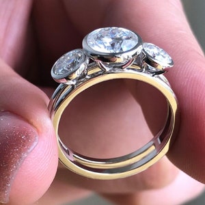 Amazing Bezel Set Round Cut Three Stone Ring-Statement Ring-Delicate Round Cut Wedding Ring-Three Stone Moissanite Ring-Parallel Dual Shank
