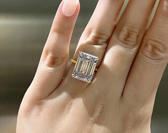 Eleganter Solitär im Smaragdschliff von 6,01 CT, 14 Karat massives Gelbgold, Verlobungsring, zierlicher Brautring, doppelte Krappenkrallen, handgefertigtes Schmuckgeschenk