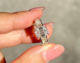 Vintage Art Deco 4.05 TC Emerald Cut Solitaire,14k Solid Yellow Gold Ring,Channel Set Half Eternity Band,Baguette Cut Shoulders,Trend Setter