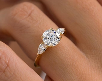 2 TC Brilliant Round Cut Trilogy_Moissanite Engagement Ring_Pear Cut Side Stones_Wedding Ring_Three Stone Ring_14k Solid Yellow Gold Jewelry