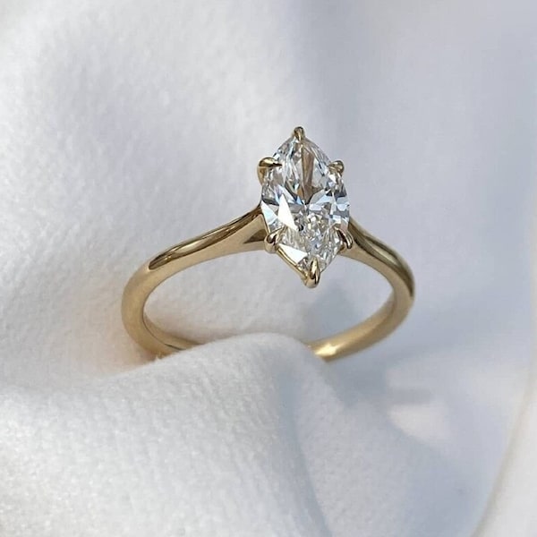 14k Solid Yellow Gold Marquise Cut Solitaire-1.5 CT Marquise Cut Moissanite Ring-Wedding Ring-Cathedral Band-6 Eagle Prongs-Anniversary Gift