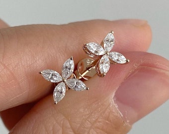 14k Solid Rose Gold Flower Stud Earrings-0.8 TC Marquise Cut Moissanite Studs-Hawaiian Flower Earrings-Simple Flower Earrings- Birthday Gift