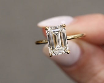 3.15 TC Elongated Emerald Cut Solitaire,Moissanite Wedding Ring,14k Solid Yellow Gold Ring,Handmade Hidden Halo,4 Claw Prongs,Proposal Gifts