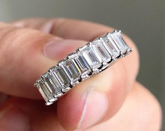 Classic 1.56 TC Baguette Cut Matching Band-14k Solid White Gold Band-Half Eternity-Shared Prong Set Moissanite Band-Stacking Band-In Fashion