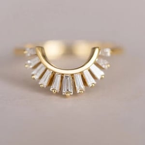 Antique 1.45 TC Baguette Cut Matching Band • 14k Solid Yellow Gold Band • Unique Designed Curvy Band • 14k Solid Gold Jewelry Gifts For Her