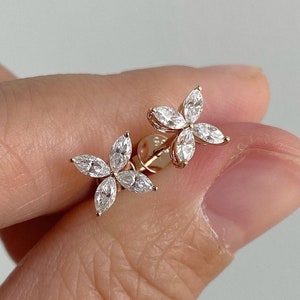 14k Solid Rose Gold Flower Stud Earrings-0.8 TC Marquise Cut Moissanite Studs-Hawaiian Flower Earrings-Simple Flower Earrings- Birthday Gift