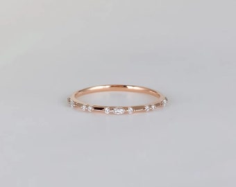 14k Solid Rose Gold Stacking Ring 0.35 TC Marquise & Brilliant Round Cut Moissanite Floating Accent Half Eternity Matching Band Wedding Gift