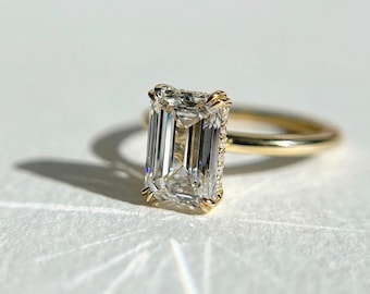 14k Solid Yellow Gold Engagement Ring 3.42 TC Elongated Emerald Cut Moissanite Wedding Ring Handmade Hidden Halo 4 Double Claws Trend Setter