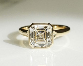 Solitario taglio Asscher in oro giallo massiccio 14k, moissanite taglio Asscher da 8,0 mm, set di castoni firmati, gambo della cattedrale diviso, anello di fidanzamento per regalo