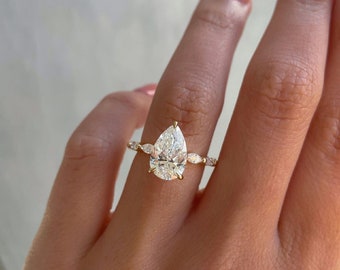 14k Solid Gelbgold Verlobungsring, 3,25 TC Teardrop Birne Moissanite Solitaire, Versteckter Halo-Ehering, Marquise Cut Akzente, Hochzeitsgeschenke