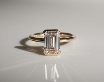 14k Solid Yellow Gold Solitaire • 2.70 CT Elongated Emerald Cut Moissanite • Half Bezel Set • Diamond Wedding Gifts For Her • Trends Setter