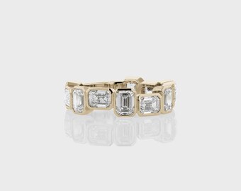 14k Solid Yellow Gold Bezel Set Zigzag Band,3.19 TC Emerald Cut Moissanite Band,3/4th Eternity,Matching Band,Wedding Ring,Stacking Ring/Gift