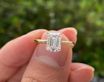 7x9 MM Flawless Emerald Cut Moissanite Solitaire 14k Solid Yellow Gold Wedding Ring 4 Claws 2 MM Cathedral Band Engagement Ring Gift For Her