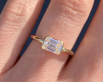 14k Solid Yellow Gold Solitaire Ring • 1.5 CT East-West Champagne Emerald Cut Moissanite • Half Bezel • Wedding Gift For Her • Trends Setter