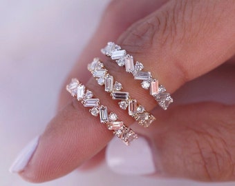 Vintage 1.26 TC Baguette-Round Cut Wedding Band| 14k Solid White Gold Band| Half Eternity Matching Band| Wedding Band| Stacking Ring For Her