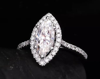 Vintage 1.25 CT Marquise Cut Moissanite Engagement Ring/14k Solid White Gold Halo Ring/1.8 MM Half Eternity Cathedral Band/Promise Ring/Gift