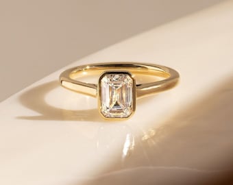 Minimalist 1.80 CT Colorless Emerald Cut Solitaire-Bezel Set Emerald Cut Ring-14k Solid Yellow Gold-Wedding Ring-Cathedral Band-Trend Setter