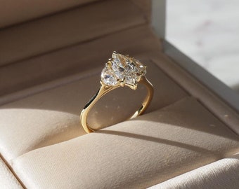2.33 TC Marquise & Half Moon Cut Trilogy 14k Solid Yellow Gold Ring Three Stone Moissanite Ring Engagement Ring Statement Ring Trends Setter