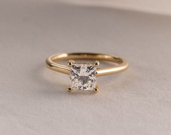 1.5 CT Princess Cut Solitaire Ring, 14k Solid Yellow Gold, Princess Moissanite Ring, Minimalist Ring, Handmade Halo, Daily Wear Fine Jewelry