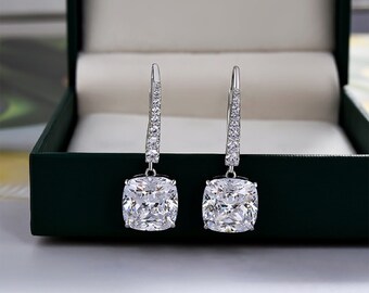 Diamond Drop Charm,Danlgy Diamond Earrings,Cushion Cut Moissanite,14k White Gold Earrings,Diamond Line Dangly,Handmade Fine Jewelry Gift