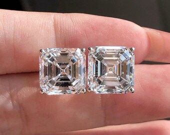 10 MM Asscher Cut Moissanite Stud Earrings,14k Solid White Gold Studs,Minimalist Square Cut Earrings,Push Back/Screw Back Closure,In Fashion