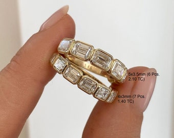 1.4 TC/2.1 TC Emerald Cut Wedding Band,Half Eternity Moissanite Band,East To West Bezel Set Band,14k Solid Yellow Gold,Matching Band For Her