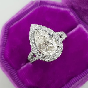 Vintage 3.31 TC Pear Cut Engagement Ring|Pear Cut Halo Wedding Ring|950 Platinum Ring|Half Eternity Split Shank|Underside Paves|Paves Bridge