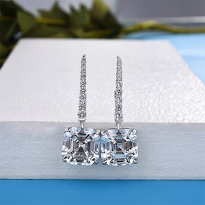 Diamond Drop Charm • Danlgy Diamond Earring • Asscher Cut Moissanite • White Gold Earring • Diamond Line Dangly • Handmade Fine Jewelry Gift