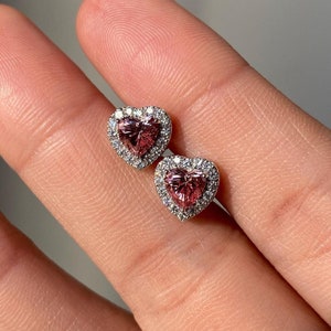 14k Solid Gold Heart Stud Earrings • Dainty Pink Heart Cut Earrings • White Gold Halo Studs • Fine Jewelry Gift for Her • Anniversary Gift