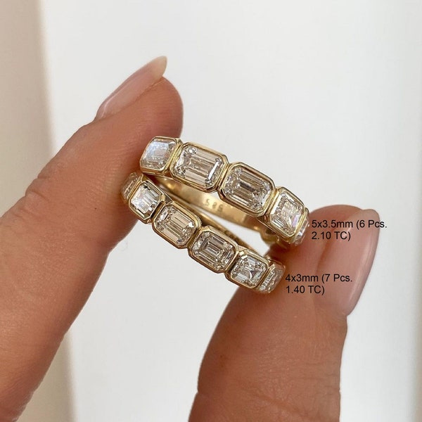 1.4 TC/2.1 TC Emerald Cut Wedding Band,Half Eternity Moissanite Band,East To West Bezel Set Band,14k Solid Yellow Gold,Matching Band For Her