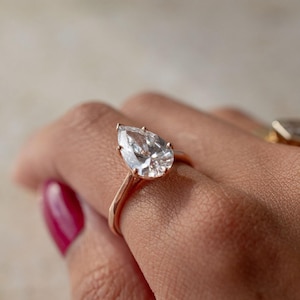 8x12 MM Elongated Pear Cut Moissanite Solitaire,14k Solid Rose Gold,Engagement Ring,6 Prongs,1.8 MM Cathedral Band,Anniversary Ring for Gift