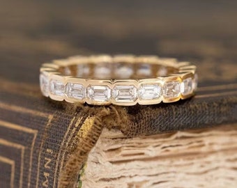 1.90 TC Emerald Cut Wedding Band-Eternity Moissanite Band-Half Bezel Set Matching Band-Delicate Matching Band-14k Solid Gold Jewelry For Her