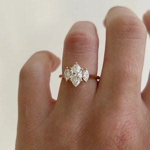 1.65 TC Excellent Marquise Cut Trilogy • 14k Solid Yellow Gold • Marquise Cut Sides • Three Stone Ring • Eagle Prongs • Hand Crafted Jewelry