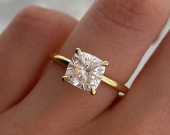 Delicate 1.25 CT Cushion Cut Engagement Ring_Invisible Halo_14k Solid Yellow Gold Ring_Square Cut Bridal Ring_4 Claws_Anniversary Gifts/Ring