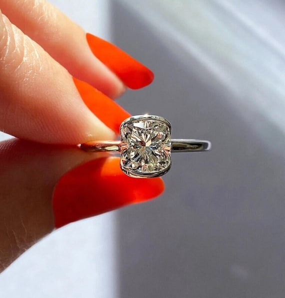 CT Elongated Cushion Cut Solitaire • Half Bezel Set Ring • 14k Solid  Yellow Gold • MM Bypass Band • Promise Ring • Anniversary Gift