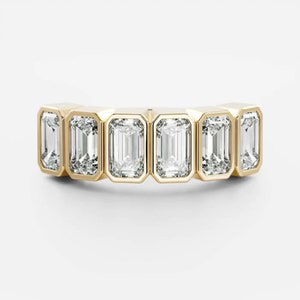 1.80 TC Emerald Cut Moissanite Wedding Band,5x3 MM Emerald Half Eternity Band,14k Solid Yellow Gold,Classic Bezel Setting,Stacking Ring/Gift