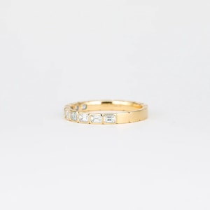 14k Solid Yellow Gold Stacking Band,0.9 TC Emerald Cut Bezel Set Band ...
