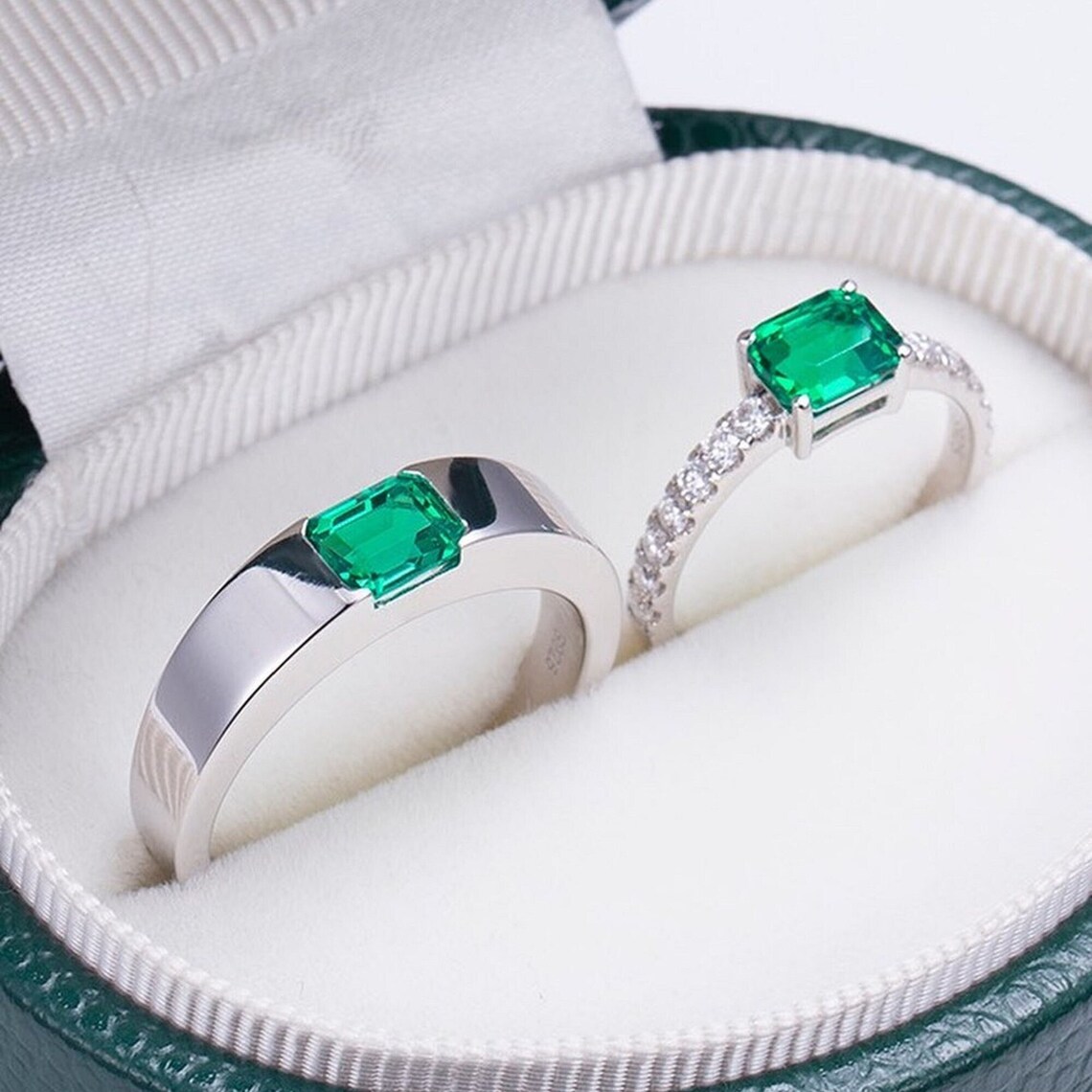 Lovely Green Emerald Cut Couple's Ring,engagement Gift,14k Solid White