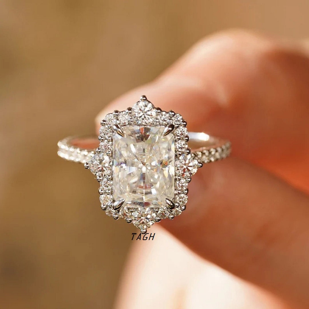 CT Radiant Cut Moissanite Engagement Ring, Radiant Cut Halo