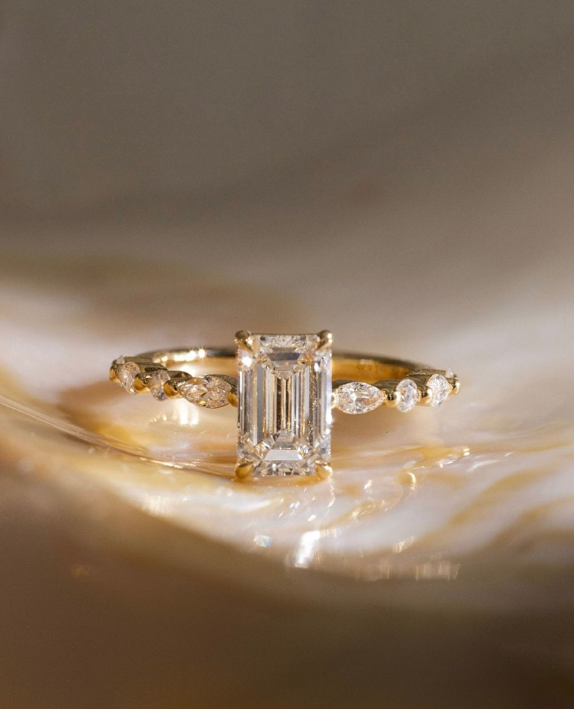 Art Deco 3.51 TC Emerald Cut Moissanite Solitaire,14k Solid Yellow Gold,Wedding Ring,Marquise & Round Accents,Half Eternity,Anniversary Gift