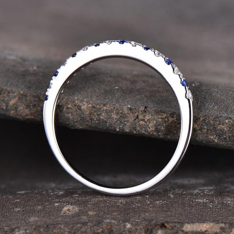 14k Solid White Gold Wedding Band-0.24 TC Moissanite Stacking Band-Round Cut Blue Sapphire/Colorless Accent-Matching Band-Half Eternity Band image 4