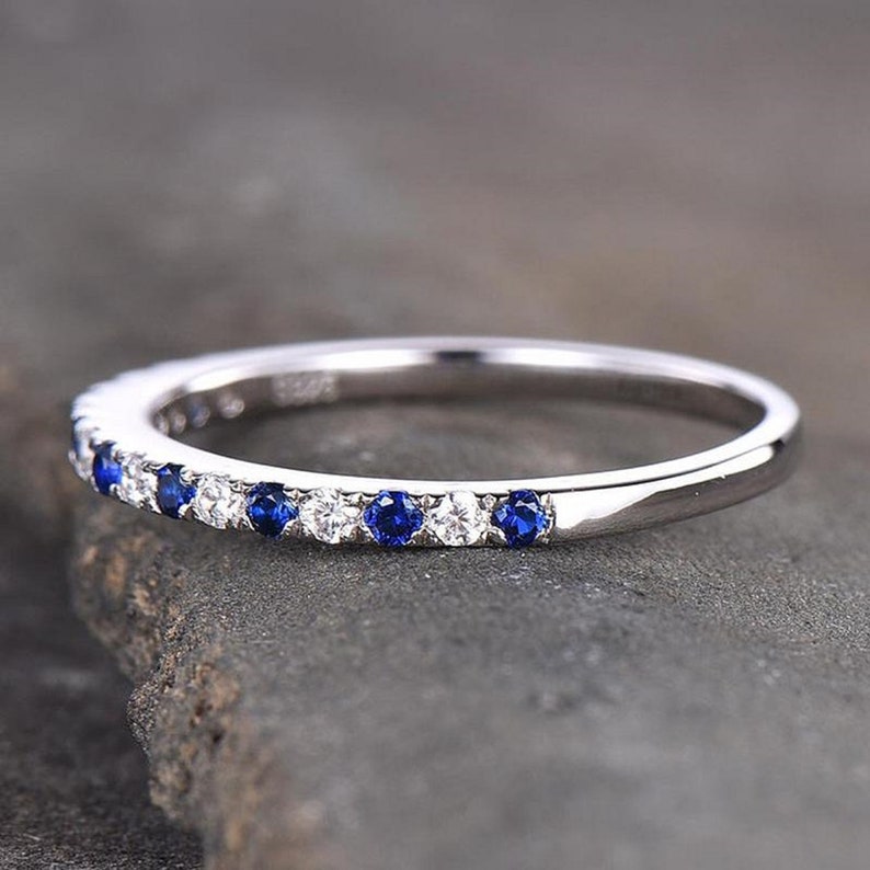 14k Solid White Gold Wedding Band-0.24 TC Moissanite Stacking Band-Round Cut Blue Sapphire/Colorless Accent-Matching Band-Half Eternity Band image 3
