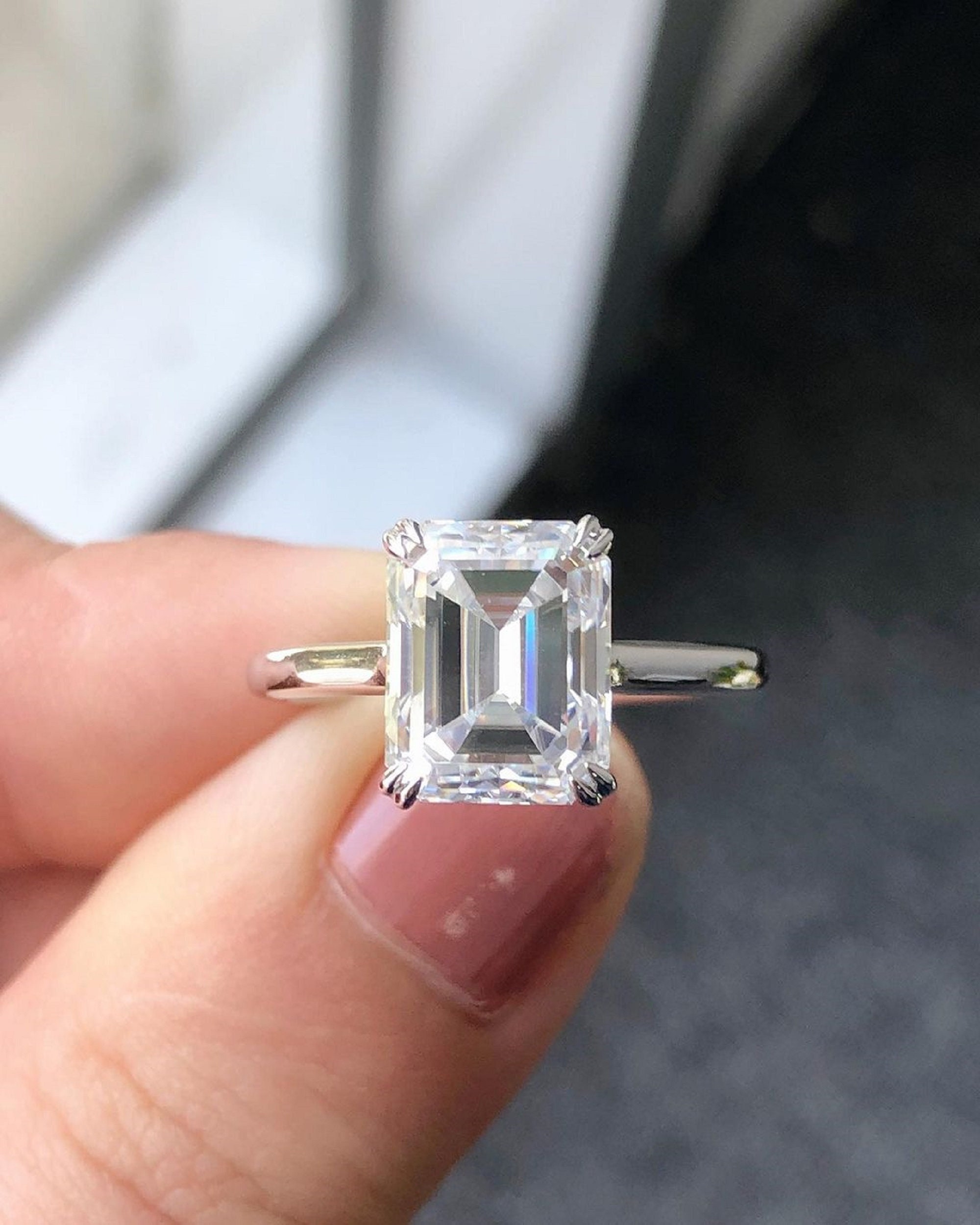 14k Solid White Gold Emerald Cut Solitaire 3 CT Emerald Cut Moissanite Engagement Ring Double Claw Prongs 1.8 MM Solitaire Band Gift For Her