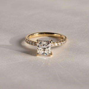 2.5 CT Princess Cut Moissanite Solitaire,14k Solid Yellow Gold,Half Eternity Band,Handmade Hidden Halo,Wedding Promise Ring,Anniversary Gift