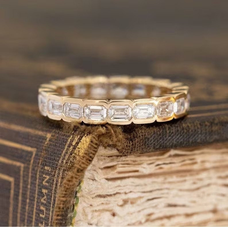 1.90 TC Emerald Cut Wedding Band-Eternity Moissanite Band-Half Bezel Set Matching Band-Delicate Matching Band-14k Solid Gold Jewelry For Her image 1