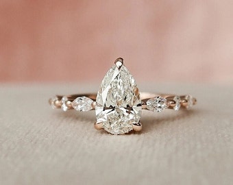Art Deco 2.40 TC Pear Cut Engagement Ring-Elongated Pear Cut Moissanite-14k Solid Rose Gold Ring-Hidden Halo-Half Eternity-Anniversary Gifts