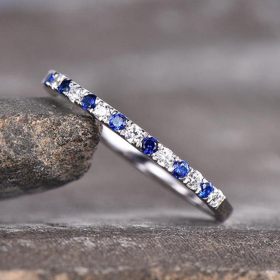 14k Solid White Gold Wedding Band-0.24 TC Moissanite Stacking Band-Round Cut Blue Sapphire/Colorless Accent-Matching Band-Half Eternity Band