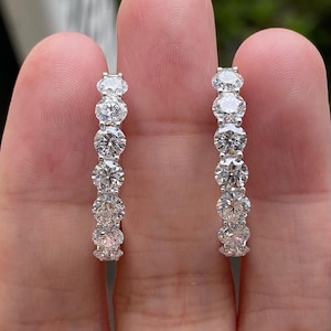 14k Solid White Gold Hoop Earrings,3.75 TC Brilliant Round Cut Moissanite,Hoop Earrings,Shared Prong Set Hoops,Huggies For Gift,Gift For Her