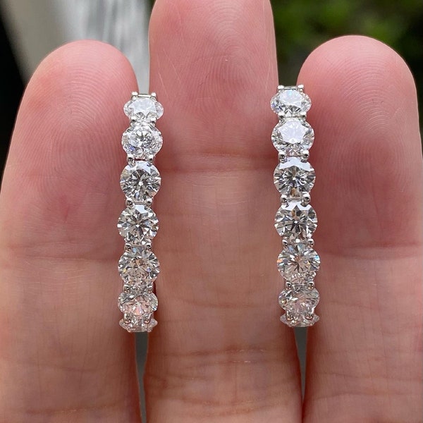 14k Solid White Gold Hoop Earrings,3.75 TC Brilliant Round Cut Moissanite,Hoop Earrings,Shared Prong Set Hoops,Huggies For Gift,Gift For Her