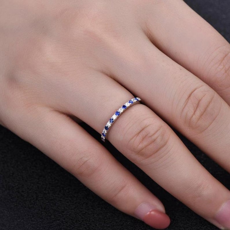 14k Solid White Gold Wedding Band-0.24 TC Moissanite Stacking Band-Round Cut Blue Sapphire/Colorless Accent-Matching Band-Half Eternity Band image 2
